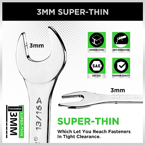Image of SWANLAKE 9-piece Super-Thin Open End Wrench Set, SAE 1 /4 inch, 9 /32 inch, 5 /16 inch, 3 /8 inch, 11 /32 inch, 13 /32 inch, 7 /16 inch, 1 /2 inch, 9 /16 inch, 11 /16 inch, 5 /8 inch, 19 /32 inch, 3 /4 inch, 13 /16 inch, 7 /8 inch, 15 /16 inch, 1 inch, 1-1 /16 inch with Rolling Pouch