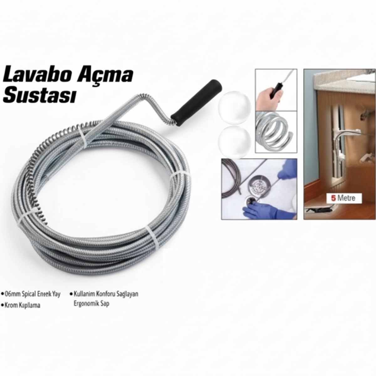 5 Metre Lavabo Açma Sustası Teli | Spiral Yaylı Krom Kaplama Gider Açma Sustası | Ergonomik Saplı Banyo Mutfak Tıkanıklık Açıcı