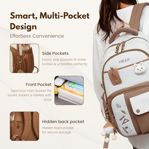 Image of Cute School Backpack for Girls - Stylish Pink & White Large Capacity Bookbag with Plush Keychain, Multiple Pockets, Lightweight Travel & College Bag