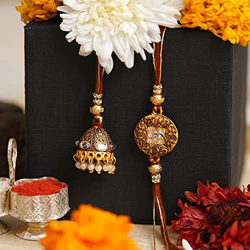 Image of eCraftIndia Designer Bhaiya Bhabhi Rakhis with Roli Chawal Pack and Raksha Bandhan Greeting Card - Rakhi for Brother, Bhaiya, Bhai