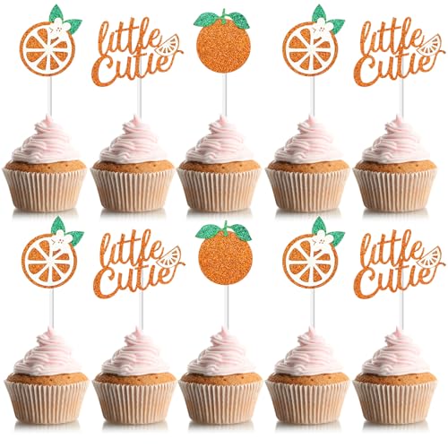 Image of Zonon 48 Pcs Baby Shower Little Cutie Glitter Cupcake Toppers Orange Theme | Tangerine Citrus Cake Pick Bulk, Little Cutie Birthday Party Favors, Baby Shower Decoration for Cupcake, Fruit Party Supply
