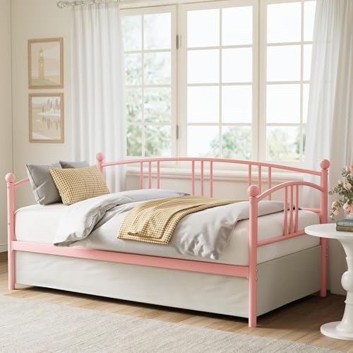Image of Garvee Twin Metal Daybed, Metal Sofa Bed Frame with Arched Headboard, Guest Sofa Bed with Steel Slat Support, No Box Spring Required, Easy Assembly, Pink