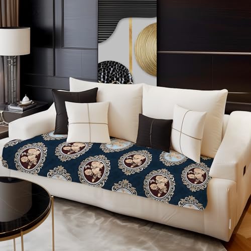 Image of Decorian Premium Soft Quilted Velvet Sofa Cover Mat, Sofa Seat Runner for Couch (Blue Damask, 4 Seater)