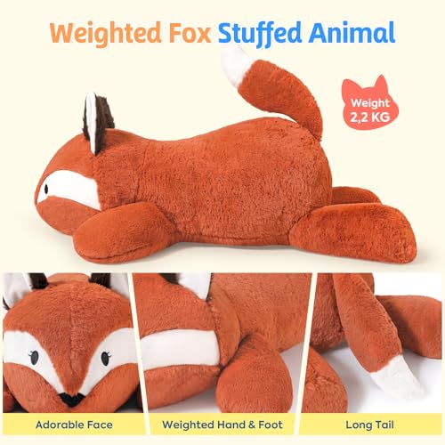 shownicer Gewichtstiere Fuchs 2,2 KG Gewichtetes Kuscheltier Fuchs Stofftier Großes Plüschtier XXL Fuchs Plüsch Kissen Spielzeug Geschenk für Erwachsene Kinder 3+ Jahre (Fuchs, 65cm)