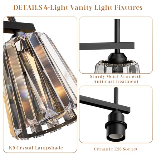 Image of Crystal Bathroom Light Fixtures Over Mirror, Black 4-Light Bathroom Vanity Lights Over Mirror Modern Wall Lighting Sconces with Ceramic E26 Base (Bulbs Not Include)