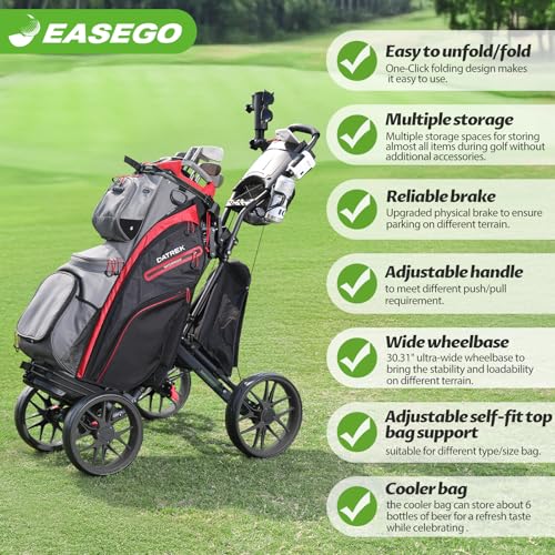 Image of EASEGO Golf Push Cart 4 Wheel : Golf Walking Carts with Phone Holder /Cup Holder /Umbrella Holder /Foot Brake /Cooler Basket 4 Wheel Superlite Golf Pull Cart All-Terrain Golf Caddy Carts(Lime Green)