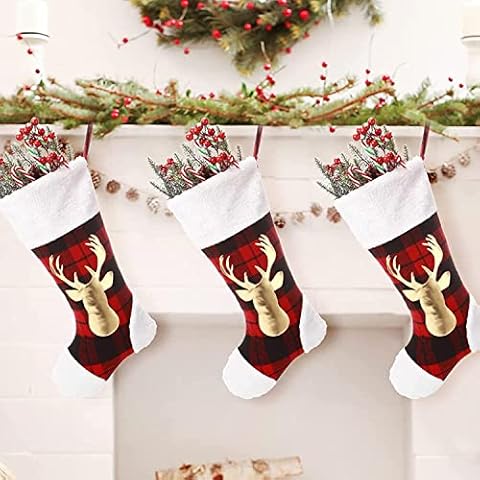 SIMOORE 3er Set Nikolausstrümpfe,20 Inch Weihnachtsstrumpf Nikolausstiefel mit Golden Elch für Weihnachtsdeko, Weihnachten Christmas Stocking Cover