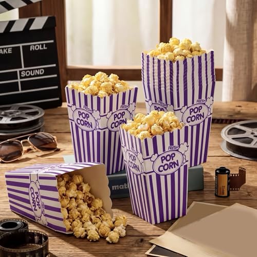 Image of Xinnun 100 Pcs Popcorn Boxes 32oz Classic Stripe Paper Buckets Disposable Oil Proof Popcorn Box Retro Open Top Container for Movie Night Supplies Theaters Carnival Birthday (Purple)