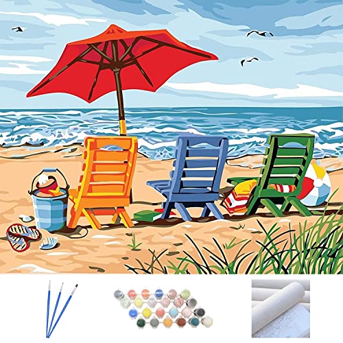 Metuu Pintura para niños por números para adultos y principiantes, kit de pintura al óleo sobre lienzo con pinceles, pigmentos acrílicos, 16 x 20 pulgadas, silla de playa y sombrilla (sin marco)