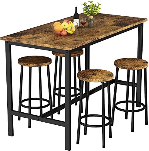 Hooseng5 Pcs Dining Table Set, Kitchen Table and 4 Bar Stools Industrial Style Bar Table Set Height 35.7" for Kitchen,Living, Party Room, Rustic Brown