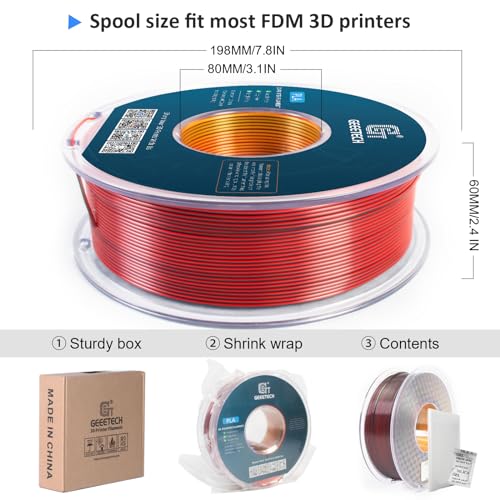 Image of Geeetech Silk PLA Tri Color Filament 1.75mm 3D Printer Filament, Coextrusion Red Gold Black Tri-Colors Metal-Like Shiny Silk PLA Filament, 1kg (2.2lbs) 1 Spool, Dimensional Accuracy + /- 0.02 mm
