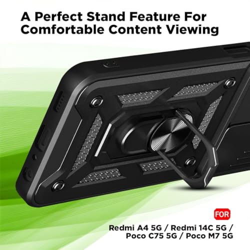 Image of AIBEX Back Cover for Poco M7 5G / Redmi 14C 5G / Redmi A4 5G / Poco C75 5G | D10 Tough Armor Case | Sliding Camera Shield | 360 Protection | Kickstand Ring Holder | Military-Grade Shockproof Bumper