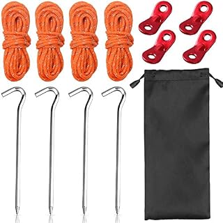 MIJH 4mm Reflective Tent Ropes Guy Line,4 Pack Tent Guide Rope with 4 Guy Ropes Tensioners and 4 Tent Fixing Nails for Outdoor Camping Hiking