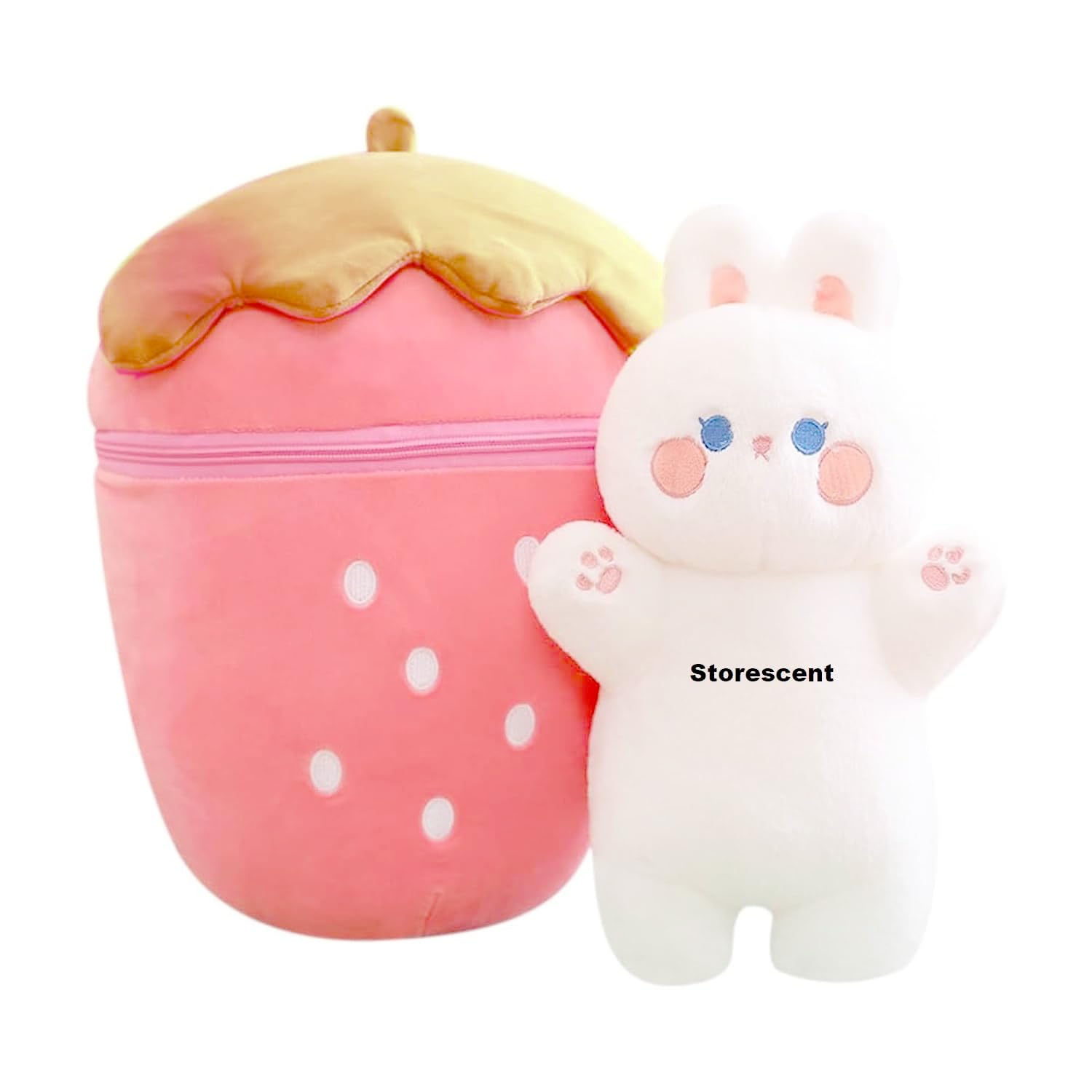 Storescent Hidden Fruit Bunny Soft Toys for Kids, Stuffed Animal Plush Soft Toys for Boys and Girls | Medium, Cute Rabbit Strawberry Pink Bunny - Zipper Plush Toy (Pink)