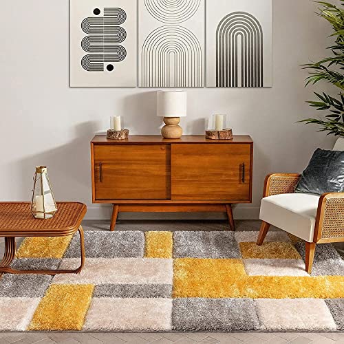 Image of Rectangular 3D Shaggy Carpet Soft Fluffy Fur Rug for Living Room and Bedroom (3x5 ft, Mustard Yellow, Silver, Ivory)