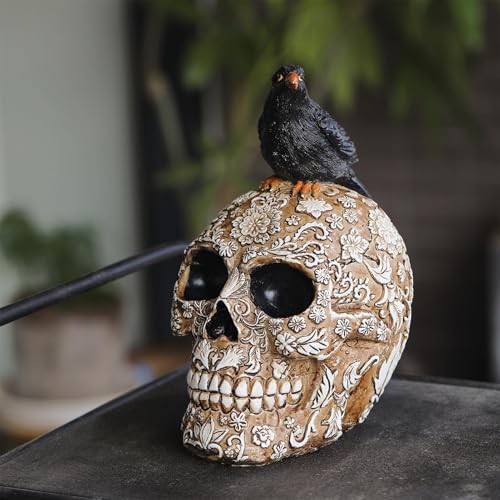 Figurines de collection crâne de corbeau gothique et statue squelette - 4