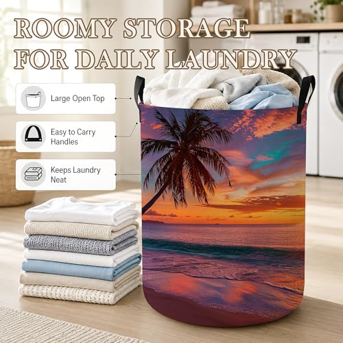 Image of Laundry Hamper, Tropical Beach Collapsible Sunset Palm Laundry Baskets Waterproof Oxford Cloth With Handles, Clothes Storage Bucket For Bathroom /Bedroom 16 inch x 20.8 inch