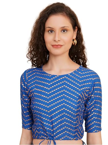 Image of Yash Gallery Women's Rayon Printed Blouse Round Neck with Drawstring Waist Half Sleeve (Blue)