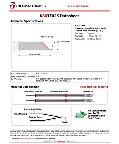 Image of Thermaltronics K80TZ025 Tweezers Cartridge Pair - Knife Tinned area 2.03mm (0.08in)