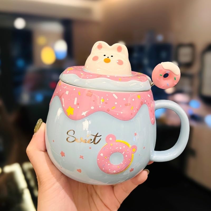 Super Cute Donut Coffee Mug by SA&BROTHERS - Charming Ceramic Cup with Frosted Donut Raised Design, Fitted Kitty Lid, Donut Tipped Metal Stirrer, Happy & Unique, Ideal Novelty Gift