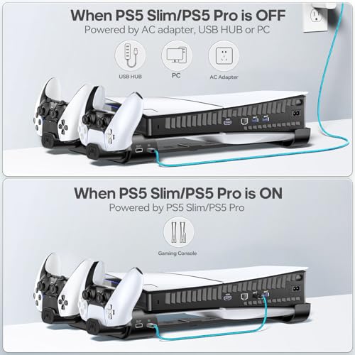 Image of PS5 Slim /Pro Horizontal Stand, PS5 Cooling Station with Dual Controller Charger for Disc & Digital Versions, 3-Level Cooling Fan - Black (NOT Fit 2020 PS 5 Regular Version), for Playstation Console