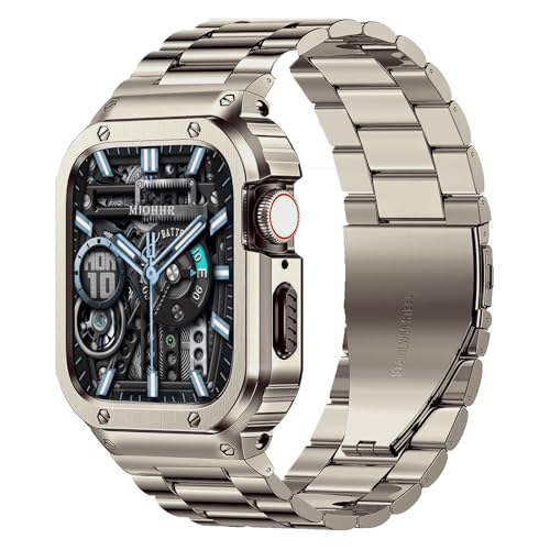 Image of MioHHR Stainless Steel Band and Case Compatible with Apple Watch Bands 46mm | Men Metal Protective Bumper Cover with Straps for iWatch 46mm Series 11 /10, Titanium Color