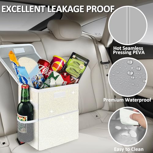 Image of Cute Mini Car Trash Bag with Lid, Glitter Garbage Can Bin Hanging for Back /Front Seat /Console, Waterproof, Leakproof, 2.5 Gallon, Beige Cream Bling Sparkly