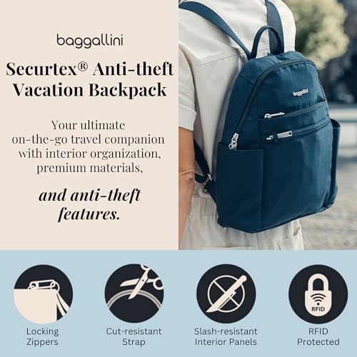 Image of Baggallini Securtex Anti-theft Vacation Travel Backpack 10x13 Daypack w /Locking Zippers & RFID Wallet Slash-Resistant