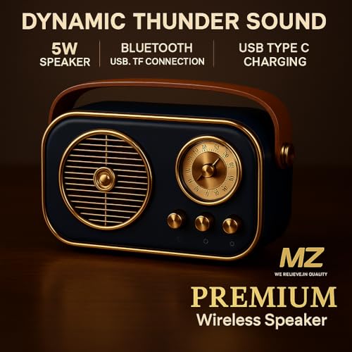Image of MZ M209 Portable Bluetooth Speaker with Dynamic Bass, Retro Radio Design, Black and Gold