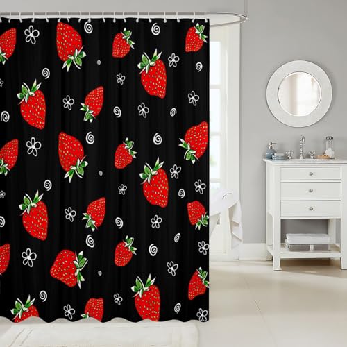 Image of Strawberry Shower Curtain Cute Red Strawberries Bath Curtain Tropical Fruit Bathroom Shower Curtain Set Girls Kids Black Bedroom Decor Sweet Strawberry Waterproof Shower Curtain with Hooks 72x78 Inch