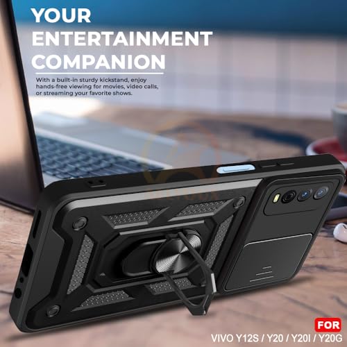 Image of Armor Bumper Back Cover Case for Vivo Y12s / Y20 / Y20i / Y20G | Rotating Camera Cover, Ring Holder & Kickstand | Heavy Duty & 360 Degree Protection Back Cover (Black)