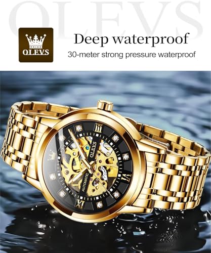 Image of OLEVS Men's Gold Skeleton Watch Automatic Mechanical self Winding Luxury Dress Stainless Steel Waterproof Luminous Wrist Watches