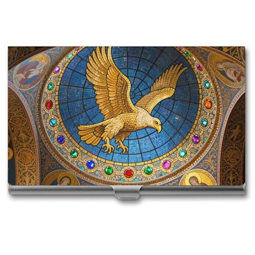 Business Card Holder Metal Slim Business Card Case Golden Eagle over Byzantine Church Professional Cards Organizer Pocket Name Cards Case Credit Holder Wallet for Men Women Buckle Style Shut