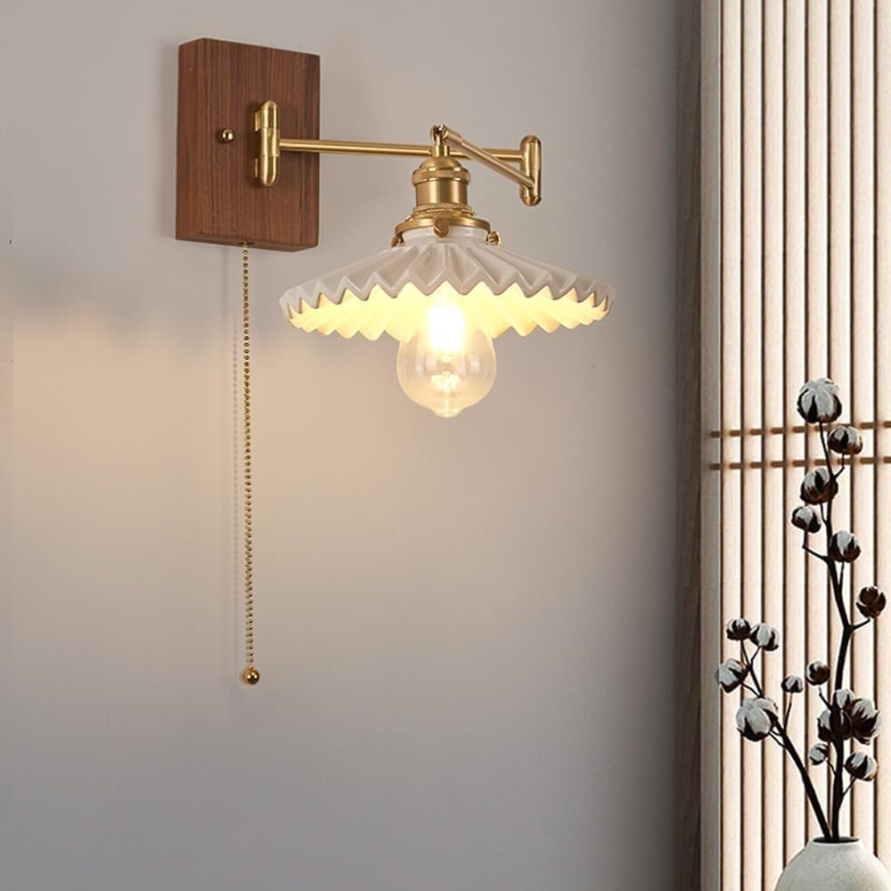 KBUUKYYXouy Wall Sconce for Bedroom Chandelier Brass Swinging Arm Pleated Glass Pull Chain Wall Sconces Nordic Farmhouse Reading Light Milk Glass Wood for Bedroom Bedside L,One Color-A(B)