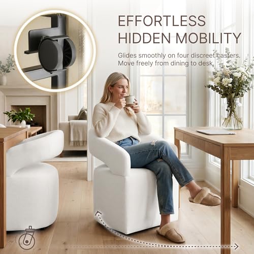 Image of KISLOT Upholstered Dining Chairs Set of 4, Modern Arm Kitchen & Dining Room Chairs with Hidden Casters, Linen Fabric Padded Rolling Chairs, Sturdy Wood Frame, 300 lbs Capacity, Beige