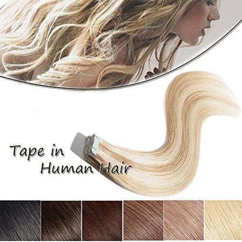 Tape In Human Hair Extensions Highlighted Ash Blonde mixed Bleach Blonde #18-613 20inch Long Straight Seamless Skin Weft Hair Invisible Double Sided Tape 20pcs 50g+10pcs Replacement Tapes