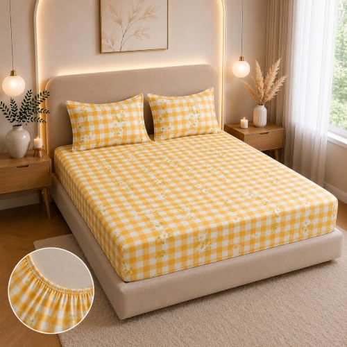 Image of la'amour 100% Cotton Elastic Fitted Bedsheets with 2 King Size Pillow Covers Double Bed with All Around Elastic Supersoft Size - 72 King Sizex78+10 inches White Yellow Checks 200 tc - 220 tc