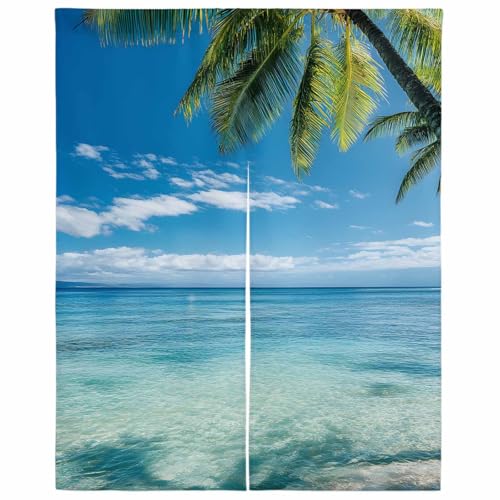 Lalirulero のれん 遮光 幅85x丈180cm おしゃれ 暖簾カーテン 間仕切り 仕切り 防寒 防音 目隠し 厚手 和風 出入り口 グッズ 寝室 玄関 キッチ リビング 春夏秋冬 夏 ヤシの木 海 風景 水