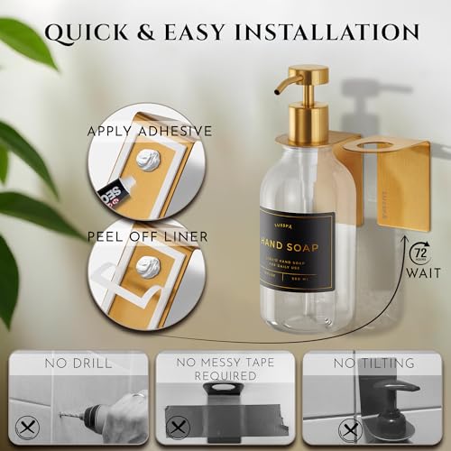 Shower Shampoo Dispenser Wall Mounted – Refillable 16.9 oz Clear Bottle with Stainless Steel Pump & No-Drill Adhesive Holder – Soap Dispenser for Bathroom (1 X Clear/Gold) - image 4
