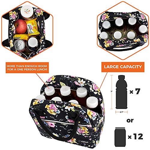 opux Insulated Lunch Box Women, Lunch Bag Tote Girls Kids Teen Adult, Cute Soft Lunch Cooler Container Work School, Reusable Thermal Food Meal Prep Organizer Lunch Pail Travel Beach, Floral Black - Thumbnail 5