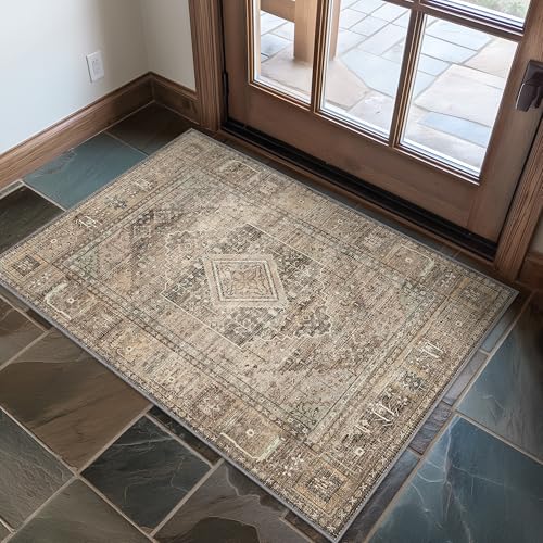 GENIMO 2x3 Hallway Runner Rug, Machine Washable Boho Vintage Runners Non Slip, Printed Thin Low Pile Lightweight Chenille Carpet Runner for Entryway, Kitchen, Bathroom, Bedroom, TAN