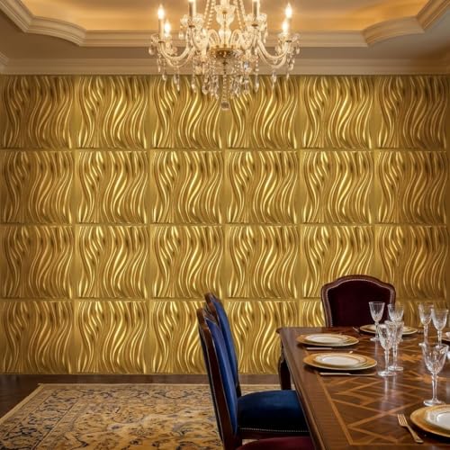 Image of Kayra Decor Luxury 3D PVC Wall Panels - Wave Pattern, Gold Finish | 19.7 inch x 19.7 inch | Pack of 40 | Covers 107.60 Sq. Ft. | Stylish Wall Cladding for Home & Office Interiors