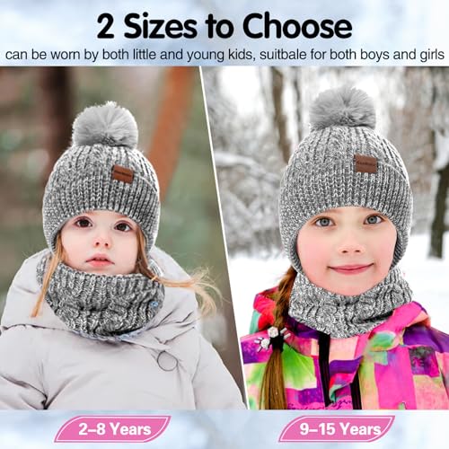3 Pcs Kids Winter Hat Gloves Scarf Set, Toddler Knitted Beanie Hat Neck Warmer Mittens Fleece Lined Set for Boys and Girls2