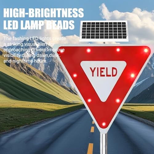 2 Pack 24x24/28x28 Inch Solar Powered LED Yield Signs, Lighted Flashing Traffic Warning Signs for Roads, Illuminated Safety Alert Signal Boards