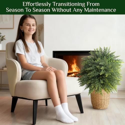 2-Pack Artificial Cedar Topiary Ball Trees 22\" Outdoor UV Resistant Faux Cypress Shrubs with Ground Spike, Realistic Evergreen Bushes for Front Porch, Garden, Backyard, and Indoor Decor - Thumbnail 5