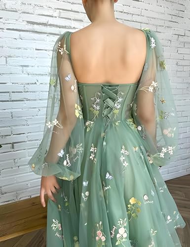 Image of Women's Puffy Sleeve Prom Dresses Fair Flower Embroidery Tulle Green Formal Evening Party Gowns