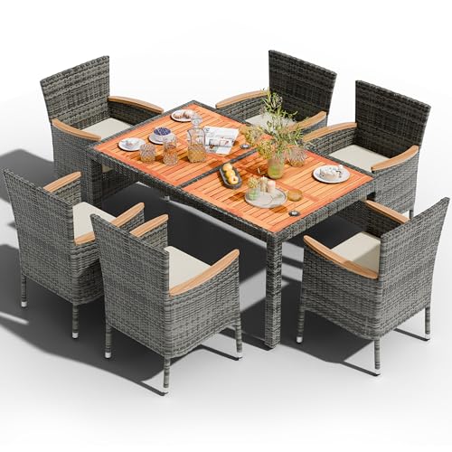 Image of Shintenchi 7 PCS Patio Dining Set, Wicker Patio Conversation Set with Wooden Table Top, Outdoor Table and Chairs with Soft Cushions for Backyard, Deck and Garden, Grey Rattan