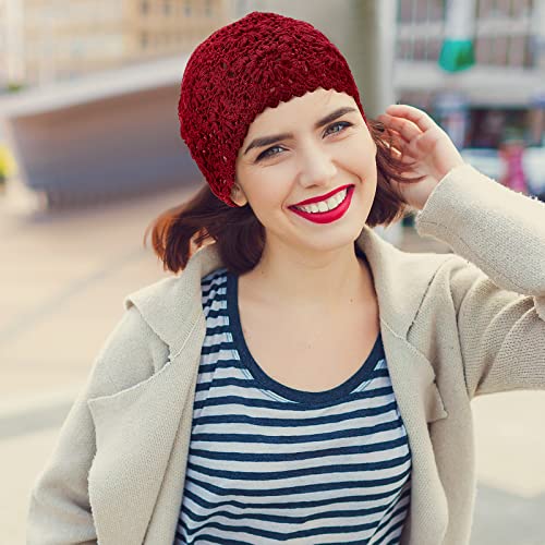 2 Pieces Floral Crochet Slouchy Beanie Hat Handmade Knit Cutout Women Floral Skull Cap Stretchy Knitted Crochet Hat For Women (Beige, Wine Red) #TOP5
