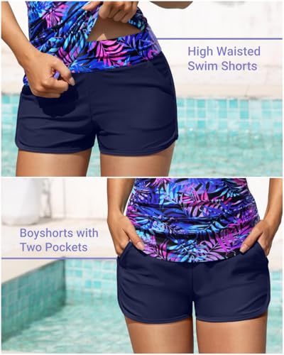 Image of Women Tankini Swimsuit with Shorts Two Piece Tummy Control Bathing Suit | Pockets,Tummy Control,Removable Bra Pads,Quick Dry,Adjustable Shoulder Straps