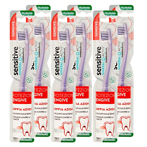 6x Sensitive Mineral Active Mentadent Spazzolino Protezione Gengive con Setole Ultra Morbide per Gengive Delicate - 6 Spazzolini